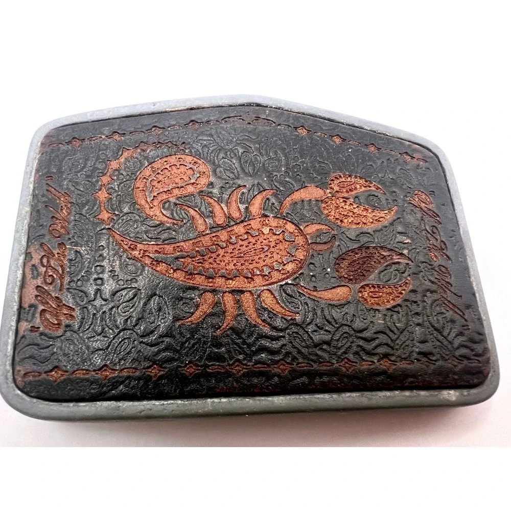 Vintage Belt Buckle Off the Wall Mens Black Brown Scorpion Paisley Tooled Look‎